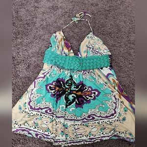 Sky Brand sexy leather braided belted halter neck top L 100% silk